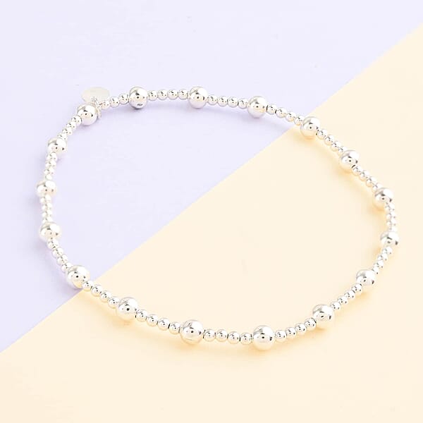 Station Beaded Stretch Bracelet In Sterling Silver 3.50 Grams