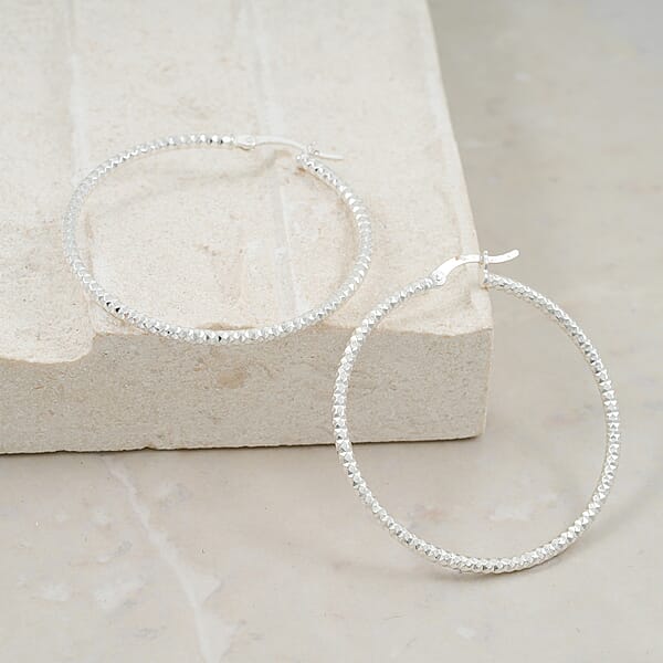 Sterling Silver 40mmx2mm Groove Textured Hoop Earrings 4 Grams