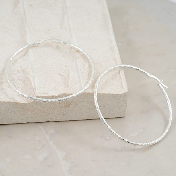 Sterling Silver 50mm X 1.9mm Twisted Lines Hoop Earrings 5 Grams