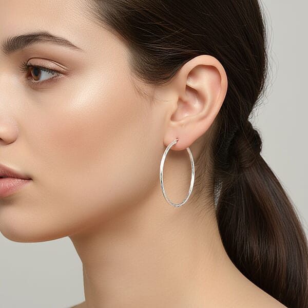 Sterling Silver 50mm X 1.9mm Twisted Lines Hoop Earrings 5 Grams