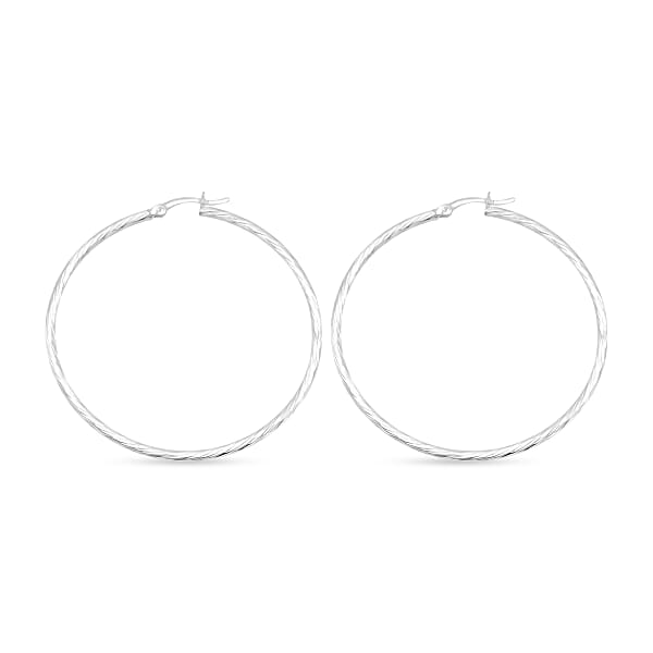 Sterling Silver 50mm X 1.9mm Twisted Lines Hoop Earrings 5 Grams