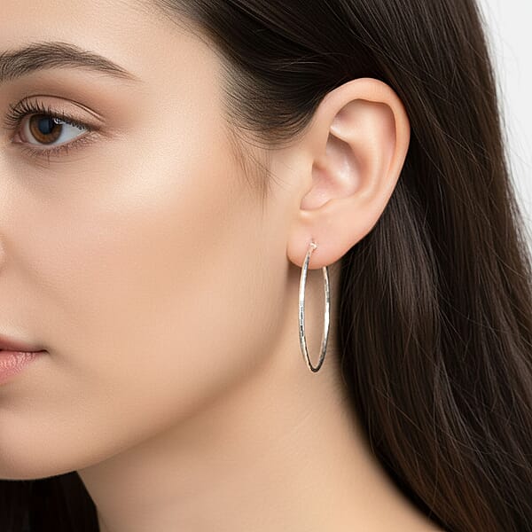 Sterling Silver 50mm X 2mm Station Groove Hoop Earrings 4.95 Grams