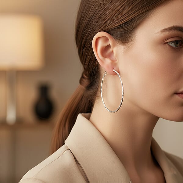 Sterling Silver 50mmx2mm Groove Textured Hoop Earrings 5 Grams