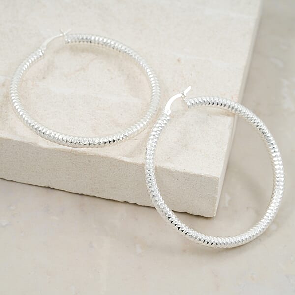 Sterling Silver 50mmx3.9mm Groove Textured Hoop Earrings 8.3 Grams