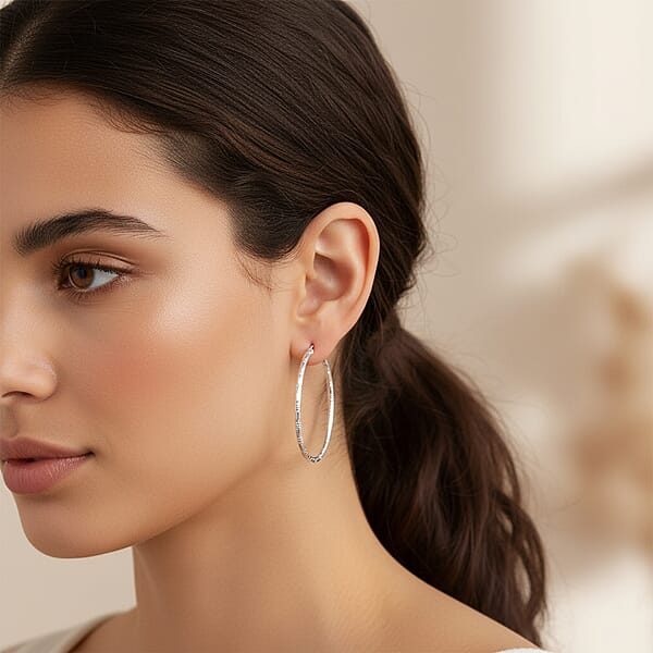 Sterling Silver 60mm X 3mm Station Groove Hoop Earrings 9.60 Grams