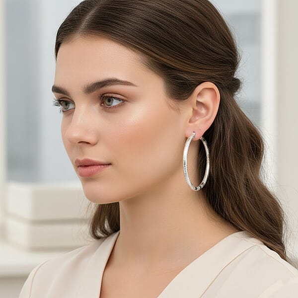 Sterling Silver Station Groove Hoop Earrings (12.6 Grams 60x4mm)