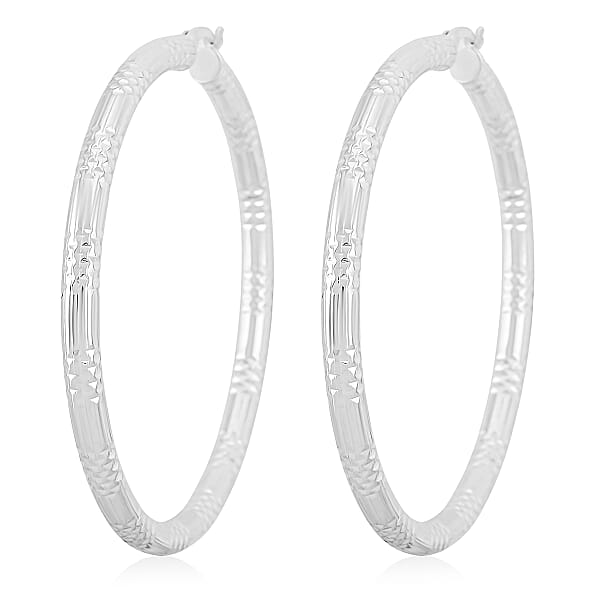 Sterling Silver Station Groove Hoop Earrings (12.6 Grams 60x4mm)