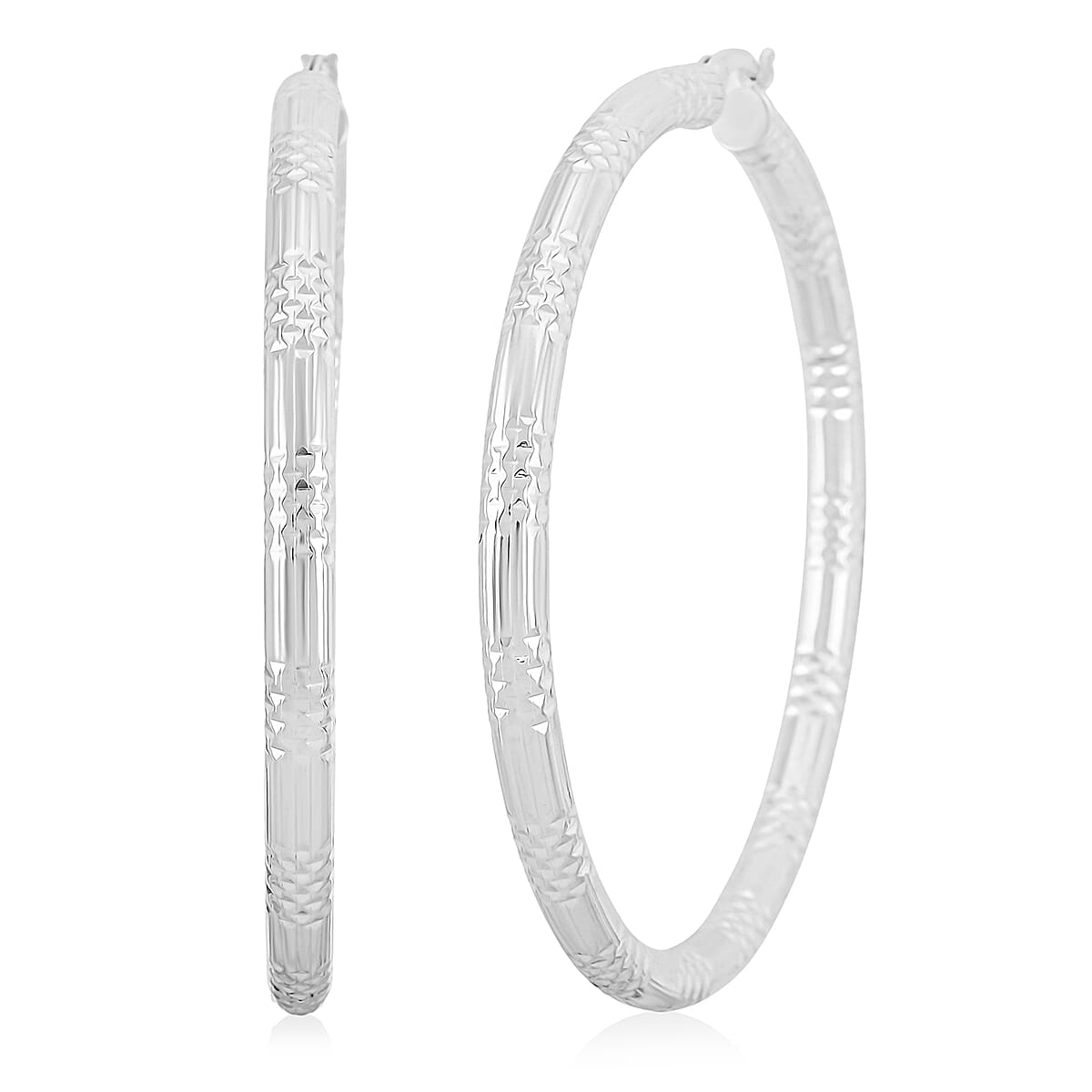 Sterling Silver Station Groove Hoop Earrings (12.6 Grams 60x4mm)