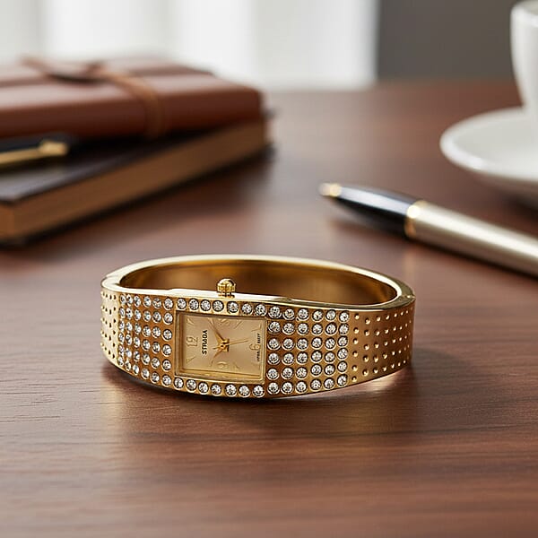 Strada Austrian Crystal Japanese Movement Bangle Watch (6.5In) In Goldtone