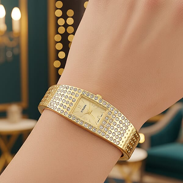 Strada Austrian Crystal Japanese Movement Bangle Watch (6.5In) In Goldtone