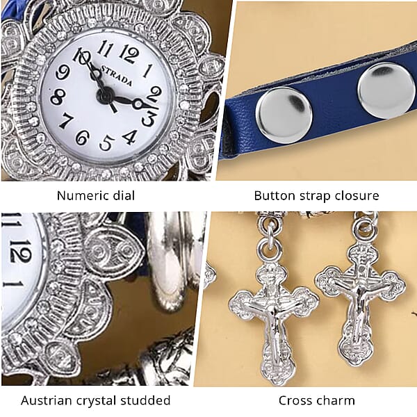 Strada Austrian Crystal Japanese Movement Cross Pattern Multi Layer Bracelet Watch With Leather Strap (8 In-9 In)