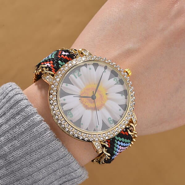 Strada Austrian Crystal Japanese Movement Daisy Bloom Pattern Watch With Braided Band