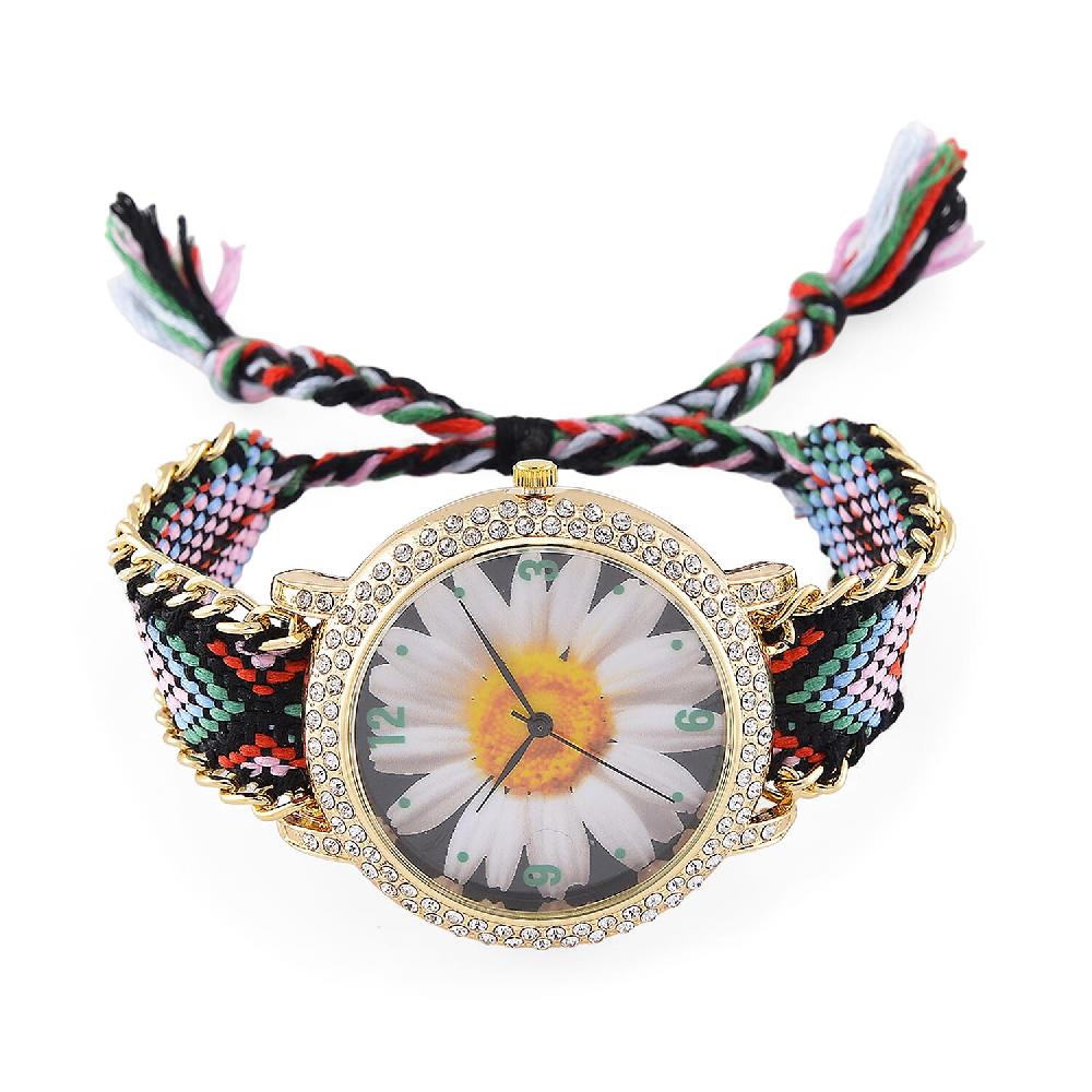 Strada Austrian Crystal Japanese Movement Daisy Bloom Pattern Watch with Braided Band