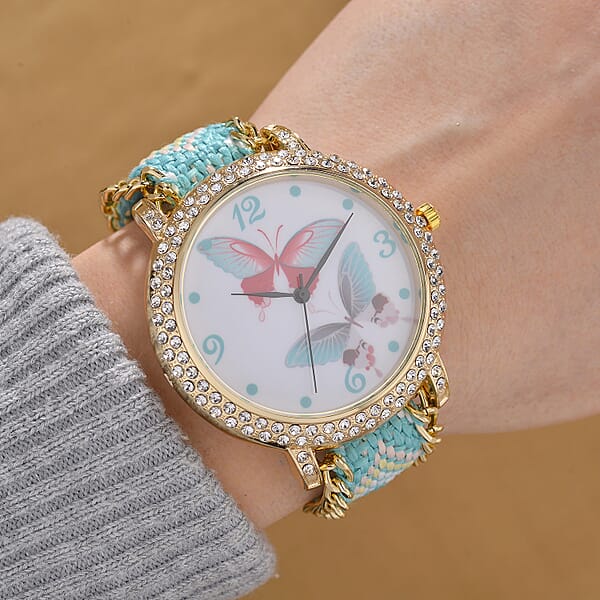Strada Austrian Crystal Japanese Movement Double Butterfly Pattern Watch With Braided Band