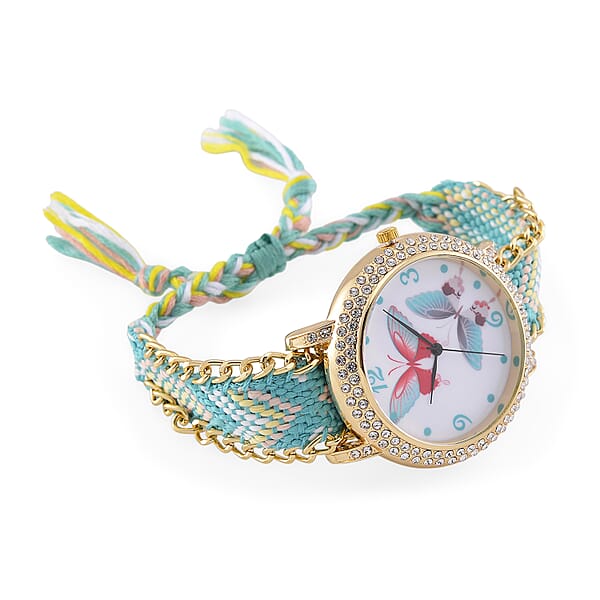 Strada Austrian Crystal Japanese Movement Double Butterfly Pattern Watch With Braided Band
