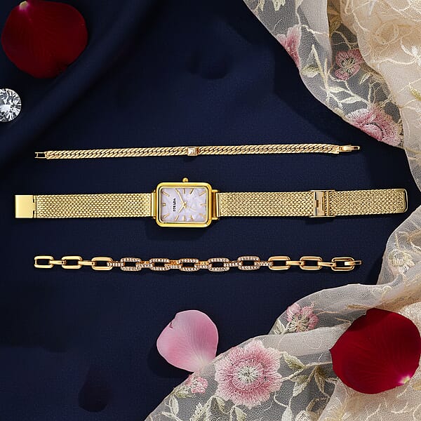 Strada Austrian Crystal Japanese Movement Fake MOP Dial Watch And 2 Pcs Goltone Bracelet (7-7.5In)