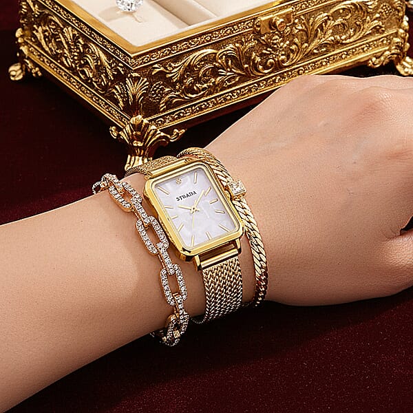 Strada Austrian Crystal Japanese Movement Fake MOP Dial Watch And 2 Pcs Goltone Bracelet (7-7.5In)