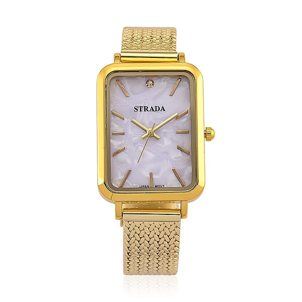 Strada Austrian Crystal Japanese Movement Fake MOP Dial Watch And 2 Pcs Goltone Bracelet (7-7.5In)