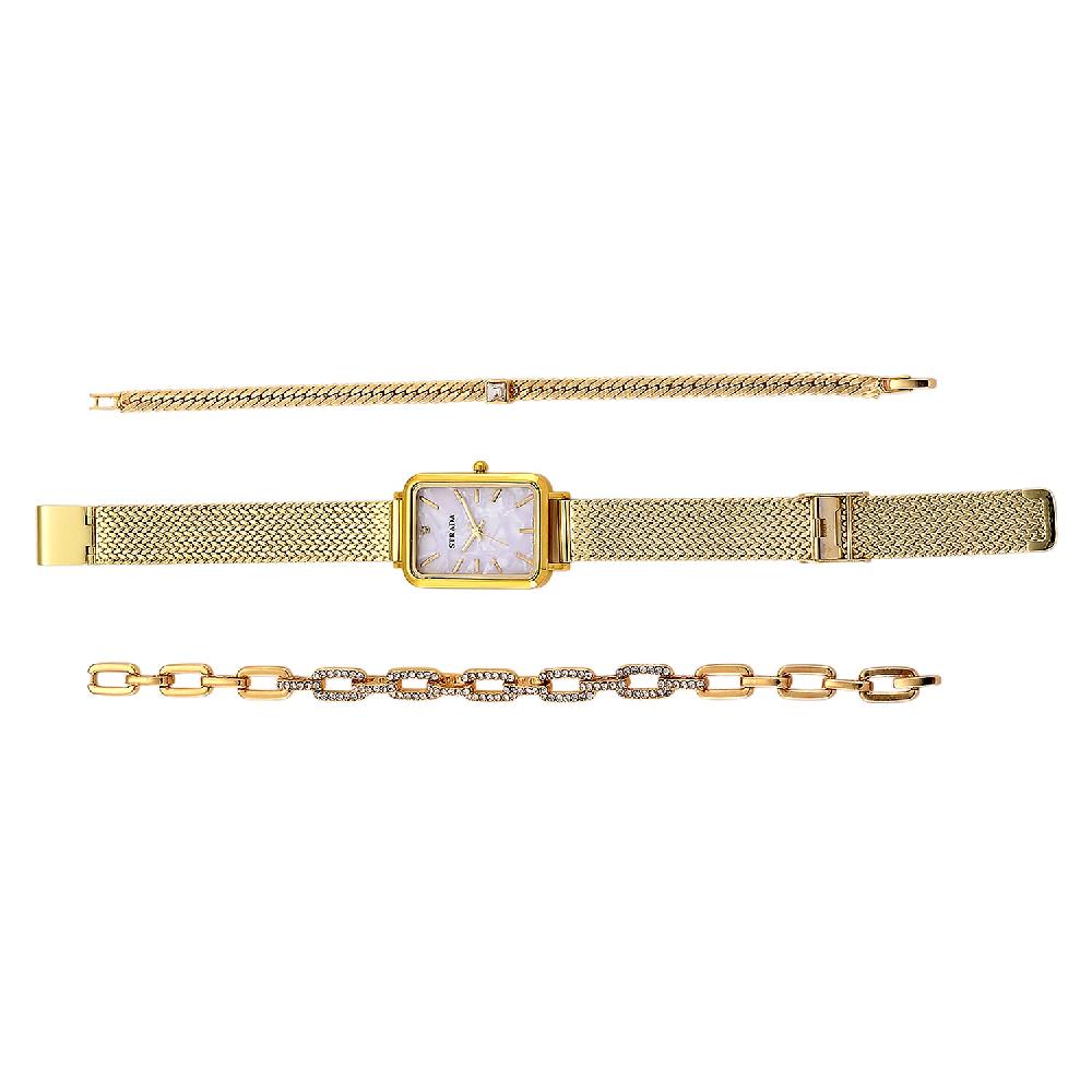 Strada Austrian Crystal Japanese Movement Fake MOP Dial Watch and 2 Pcs Goltone Bracelet (7-7.5In)