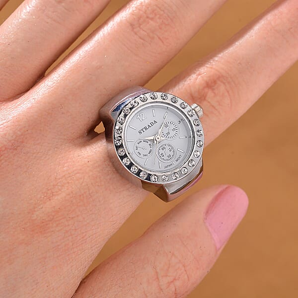 Strada Austrian Crystal Japanese Movement Ring Watch In Stainless Steel (Size 5-7)