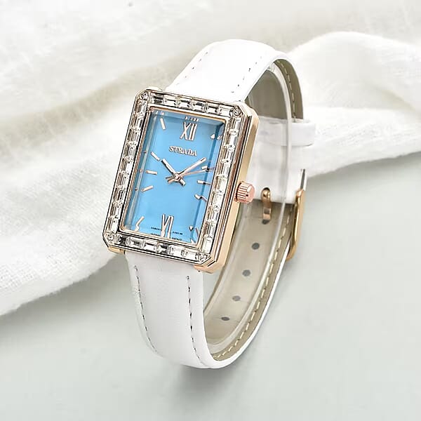 Strada Austrian Crystal Japanese Movement Simulated Turquoise Dial Watch With White Faux Leather Strap (33x26mm) (7.0-8.0Inches)