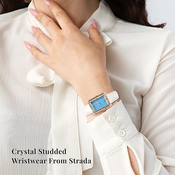 Strada Austrian Crystal Japanese Movement Simulated Turquoise Dial Watch With White Faux Leather Strap (33x26mm) (7.0-8.0Inches)