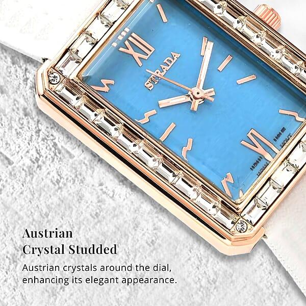 Strada Austrian Crystal Japanese Movement Simulated Turquoise Dial Watch With White Faux Leather Strap (33x26mm) (7.0-8.0Inches)