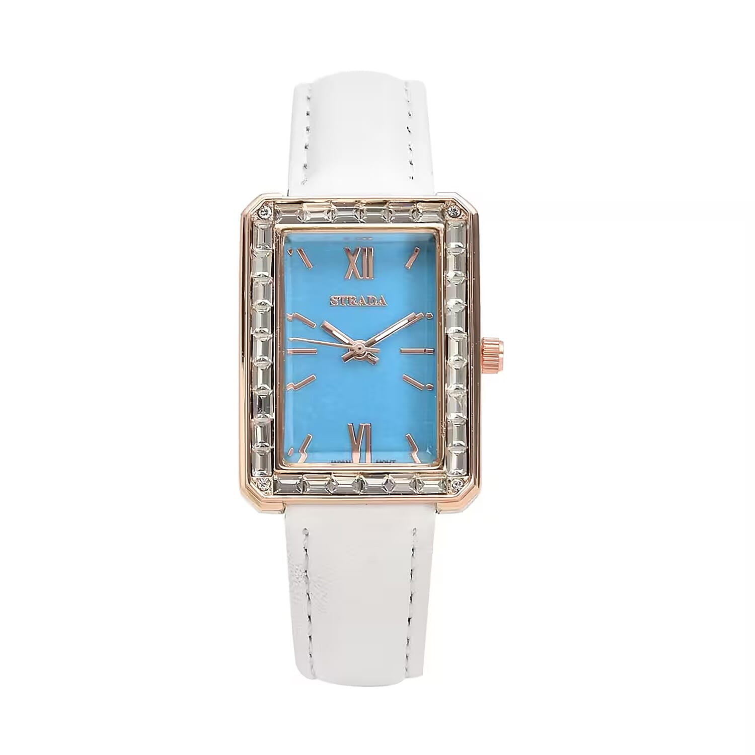 Strada Austrian Crystal Japanese Movement Simulated Turquoise Dial Watch with White Faux Leather Strap (33x26mm) (7.0-8.0Inches)