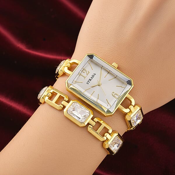 Strada Austrian Crystal Japanese Movement Watch And Goldtone Bracelet (8In)