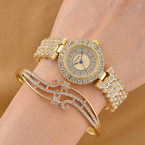 Strada Austrian Crystal Japanese Movement Watch And Bangle Bracelet (7.5 In) In Goldtone