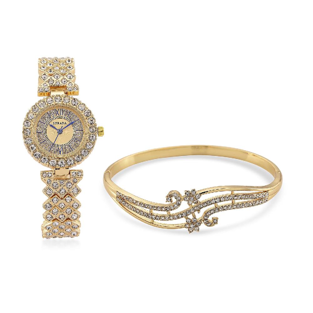 Strada Austrian Crystal Japanese Movement Watch and Bangle Bracelet (7.5 In) in Goldtone
