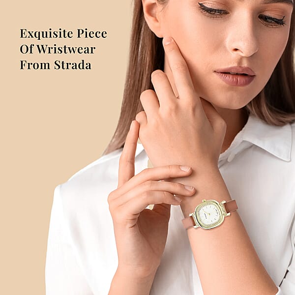 Strada Austrian Crystal Japanese Movement Watch With Brown Faux Leather Strap (27.18mm) (5.25-7 Inches)