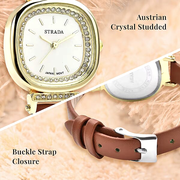 Strada Austrian Crystal Japanese Movement Watch With Brown Faux Leather Strap (27.18mm) (5.25-7 Inches)