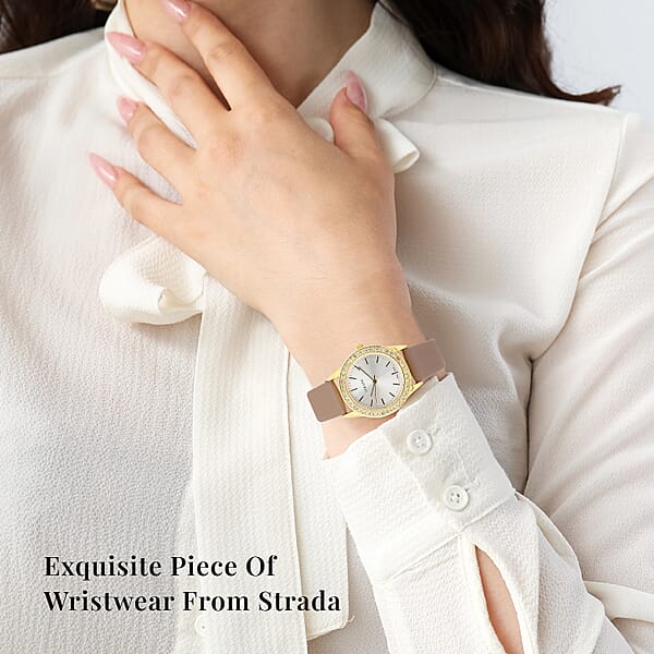 Strada Austrian Crystal Japanese Movement Watch With Camel Vegan Leather Strap