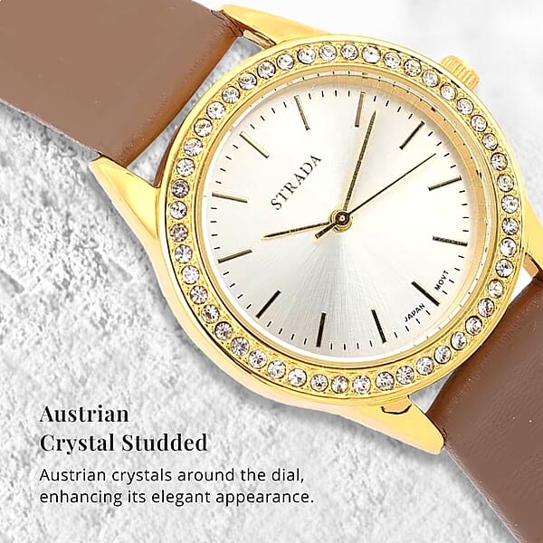 Strada Austrian Crystal Japanese Movement Watch With Camel Vegan Leather Strap