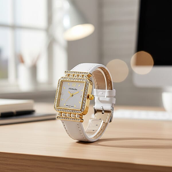 Strada Austrian Crystal Japanese Movement Watch With White Faux Leather Strap
