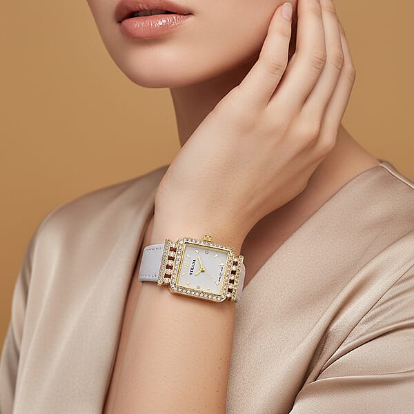 Strada Austrian Crystal Japanese Movement Watch With White Faux Leather Strap
