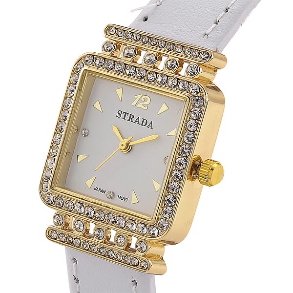 Strada Austrian Crystal Japanese Movement Watch With White Faux Leather Strap