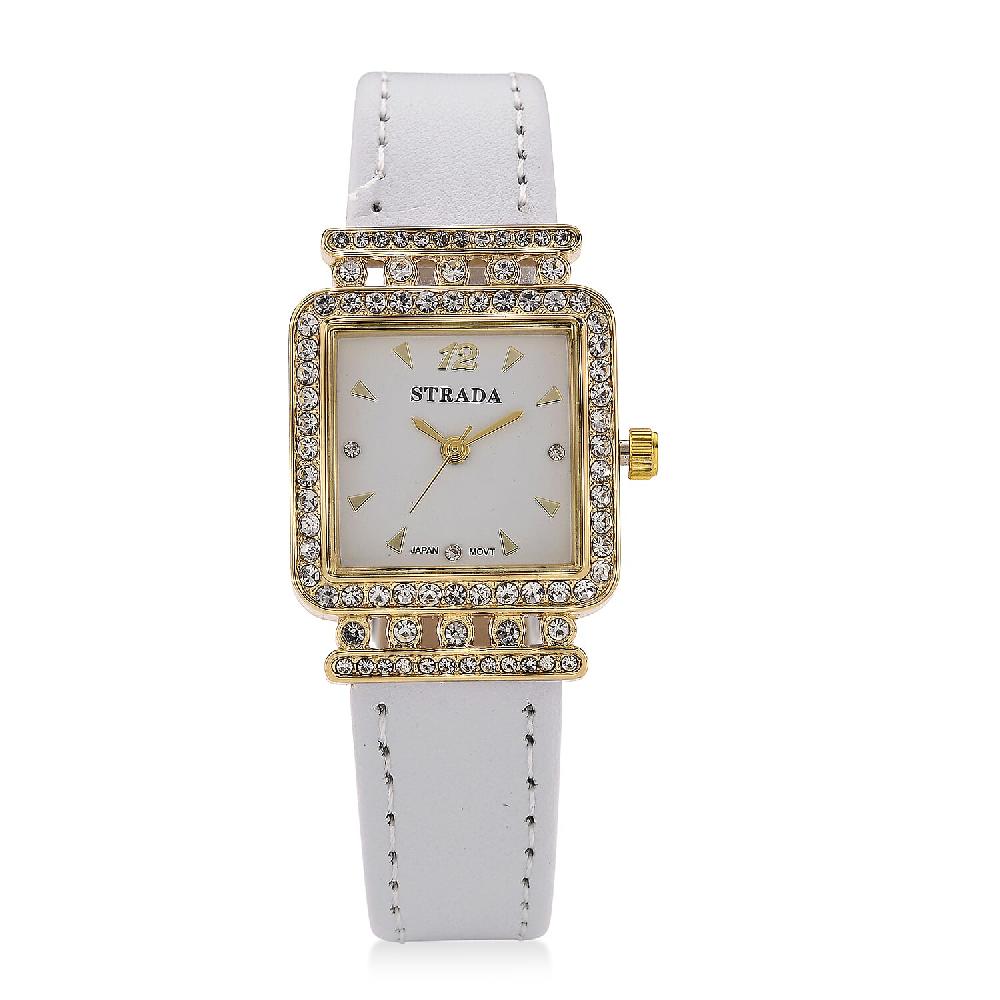 Strada Austrian Crystal Japanese Movement Watch with White Faux Leather Strap