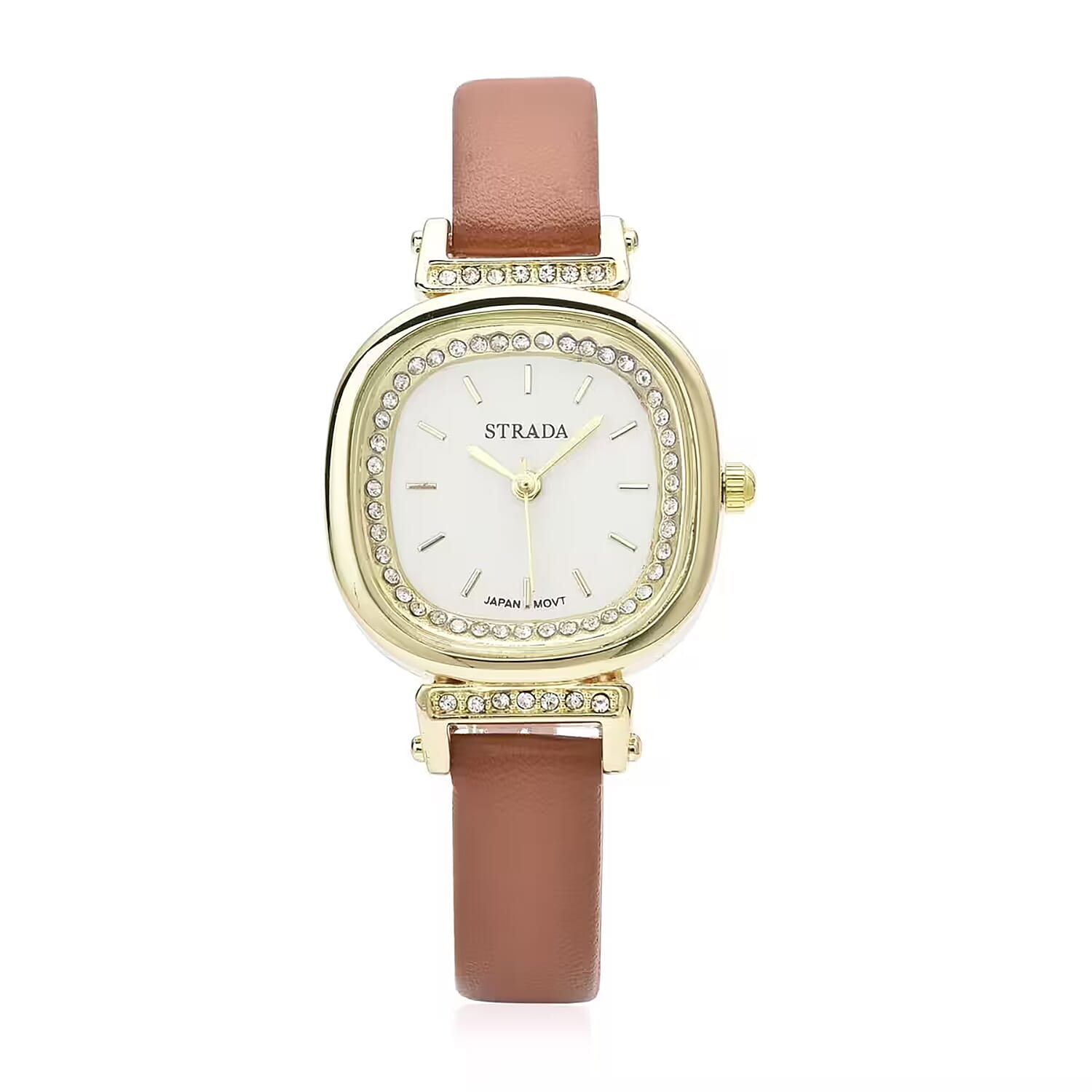 Strada Austrian Crystal Japanese Movement Watch with Brown Faux Leather Strap (27.18mm) (5.25-7 Inches)