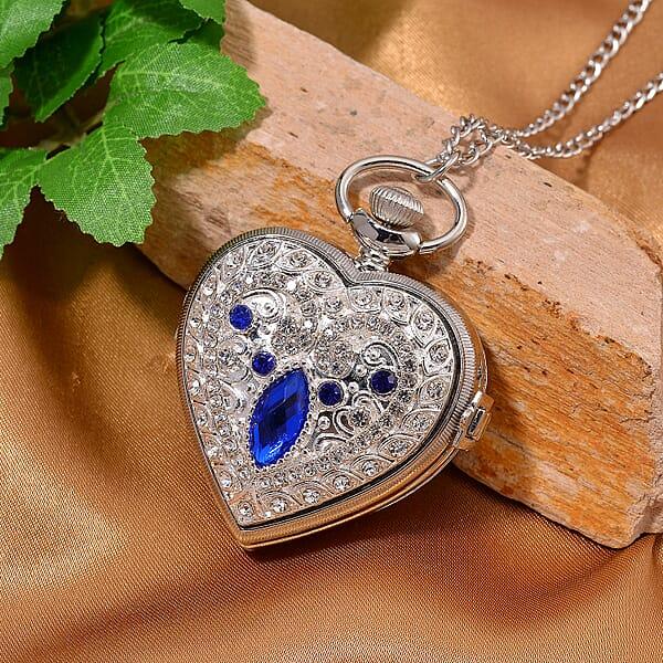 Strada Blue Glass Multi Color Austrian Crystal Japanese Movement Heart Shaped Pocket Watch With Chain (31 Inches) In Silvertone
