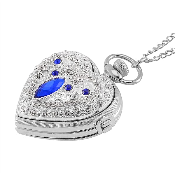 Strada Blue Glass Multi Color Austrian Crystal Japanese Movement Heart Shaped Pocket Watch With Chain (31 Inches) In Silvertone
