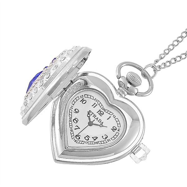 Strada Blue Glass Multi Color Austrian Crystal Japanese Movement Heart Shaped Pocket Watch With Chain (31 Inches) In Silvertone