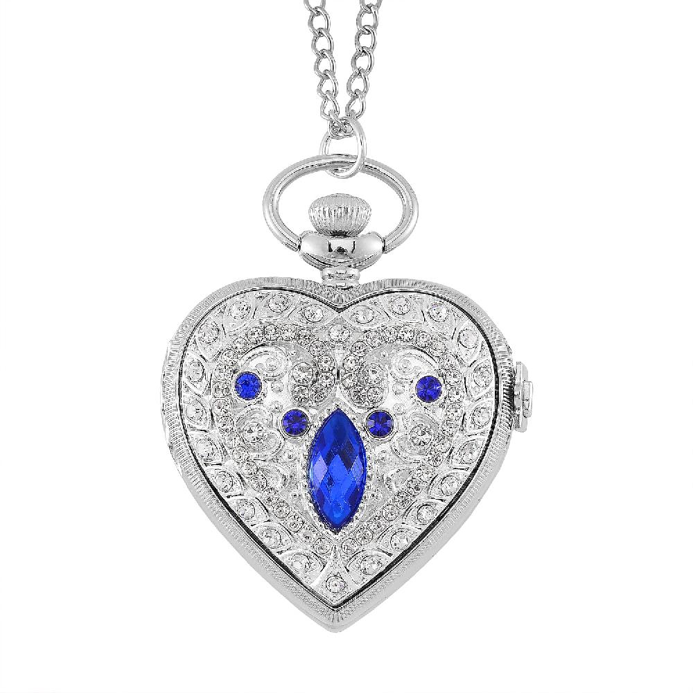 Strada Blue Glass Multi Color Austrian Crystal Japanese Movement Heart Shaped Pocket Watch with Chain (31 Inches) in Silvertone