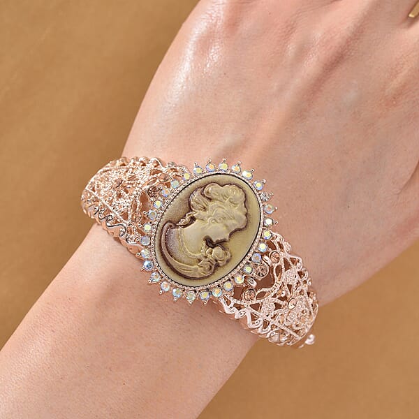 Strada Coffee Cameo And Multi Color Crystal Japanese Movement Bangle Watch In Rosetone 8.00 Ctw