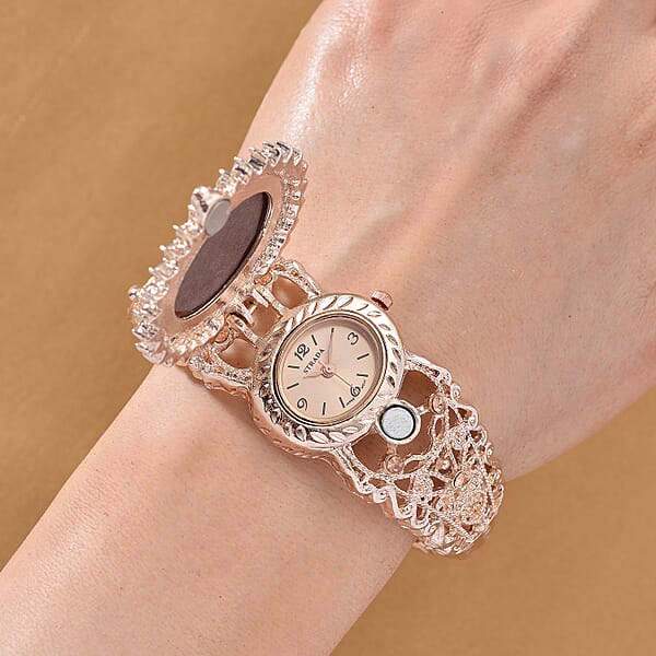 Strada Coffee Cameo And Multi Color Crystal Japanese Movement Bangle Watch In Rosetone 8.00 Ctw