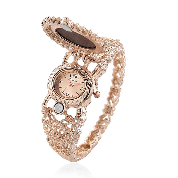 Strada Coffee Cameo And Multi Color Crystal Japanese Movement Bangle Watch In Rosetone 8.00 Ctw