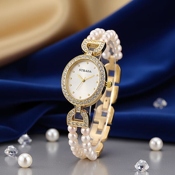 Strada Freshwater Pearl Austrian Crystal Japanese Movement Watch In Goldtone