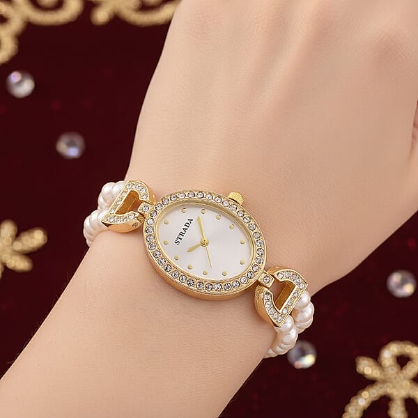 Strada Freshwater Pearl Austrian Crystal Japanese Movement Watch In Goldtone
