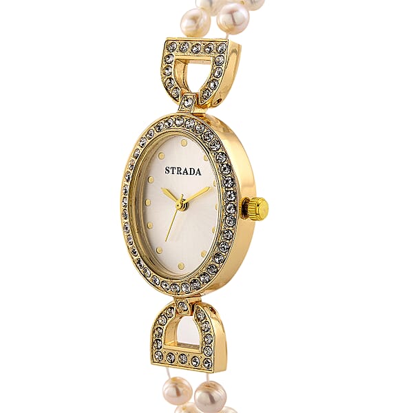 Strada Freshwater Pearl Austrian Crystal Japanese Movement Watch In Goldtone